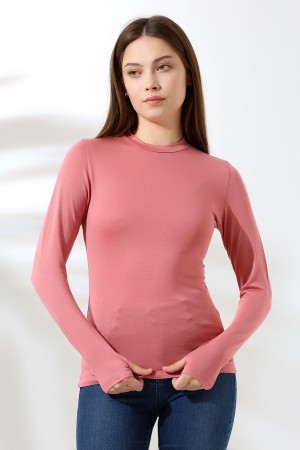 21756 KADIN YARIM BALIKÇI UZUN KOLU PARMAK GEÇMELİ  BLUZ 