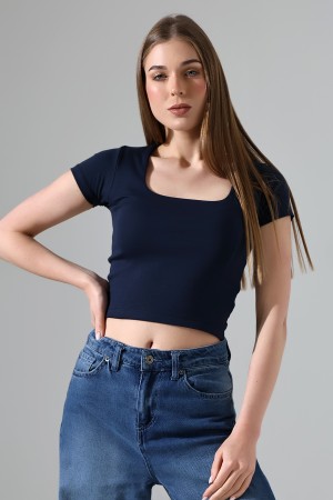 21804  KADIN KISA KOL FULL LYC RİB KOMPAKT PENYE TULUM  KARE YAKA T-SHIRT