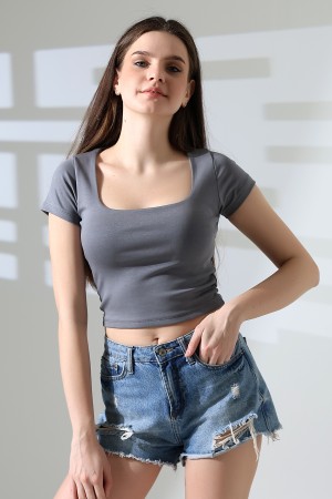 21804  KADIN KISA KOL FULL LYC RİB KOMPAKT PENYE TULUM  KARE YAKA T-SHIRT