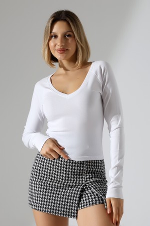 21948 KADIN  UZUN KOL  GENİŞ V YAKA FULL LYC RİBANA TSHIRT 