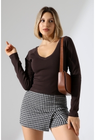 21948 KADIN UZUN KOL GENİŞ V YAKA FULL LYC RİBANA TSHIRT 