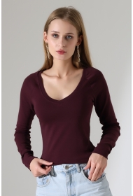 21948 KADIN UZUN KOL GENİŞ V YAKA FULL LYC RİBANA TSHIRT 