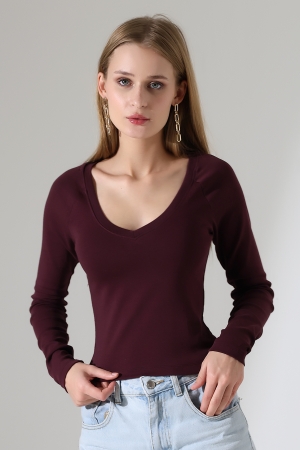 21948 KADIN UZUN KOL GENİŞ V YAKA FULL LYC RİBANA TSHIRT 