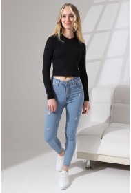 21651 KADIN FULL LYC KOMPAKT PENYE RİB UZUN KOL DİK BİSİKLET YAKA TSHIRT 