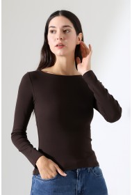 21897 KADIN KAYIK YAKA  FULL LYC KOMPAKT PENYE RİB UZUN KOL TSHIRT 