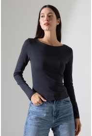 21897 KADIN KAYIK YAKA  FULL LYC KOMPAKT PENYE RİB UZUN KOL TSHIRT 
