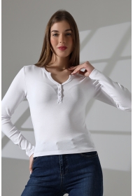 21926 KADIN FULL LYC KOMPAKT PENYE RİB UZUN KOL AÇIK PATLI DÜĞMELİ  TSHIRT 