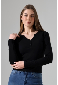 21926 KADIN FULL LYC KOMPAKT PENYE RİB UZUN KOL AÇIK PATLI DÜĞMELİ  TSHIRT 