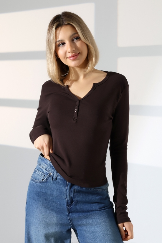 21926 KADIN FULL LYC KOMPAKT PENYE RİB UZUN KOL AÇIK PATLI DÜĞMELİ  TSHIRT 