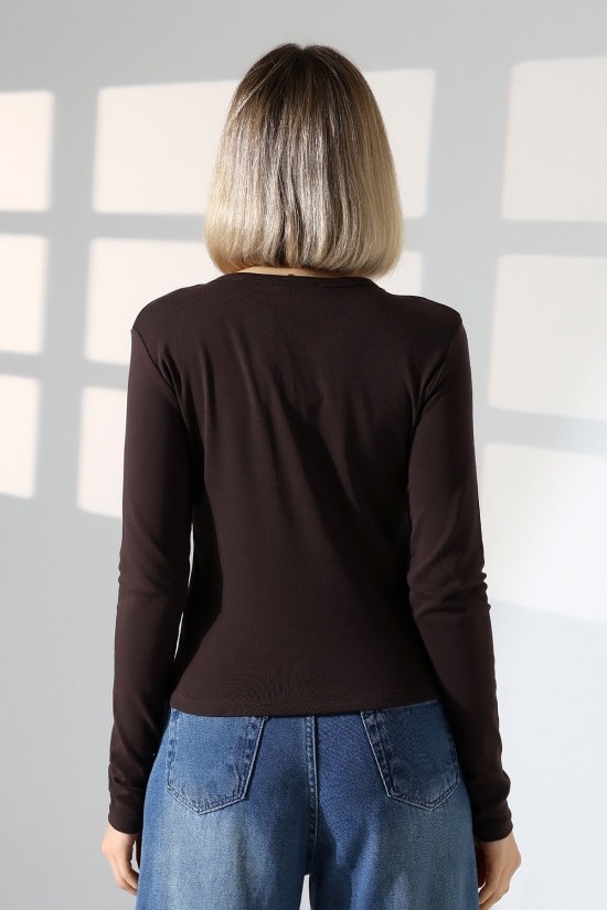 21926 KADIN FULL LYC KOMPAKT PENYE RİB UZUN KOL AÇIK PATLI DÜĞMELİ  TSHIRT 