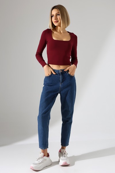 21650 KADIN FULL LYC COMP PENYE RİB UZUN KOL TULUM KARE YAKA KISA TSHIRT