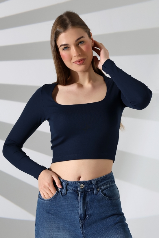 21650 KADIN FULL LYC COMP PENYE RİB UZUN KOL TULUM KARE YAKA KISA TSHIRT