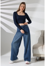 21650 KADIN FULL LYC COMP PENYE RİB UZUN KOL TULUM KARE YAKA KISA TSHIRT