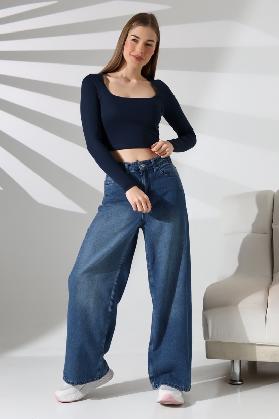 21650 KADIN FULL LYC COMP PENYE RİB UZUN KOL TULUM KARE YAKA KISA TSHIRT