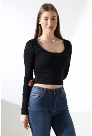 21946 KADIN FULL LYC COMP PENYE RİB UZUN KOL OVAL YAKASI TIRN LAST.DANTEL YAKA TSHIRT