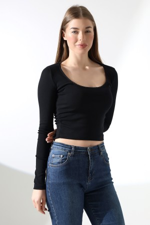 21946 KADIN FULL LYC COMP PENYE RİB UZUN KOL OVAL YAKASI TIRN LAST.DANTEL YAKA TSHIRT