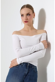 22141 KADIN KAYIK YAKA FULL LYC RİB UZUN KOL REGLAN VE OMUZ DÜŞÜMLÜ TSHIRT 