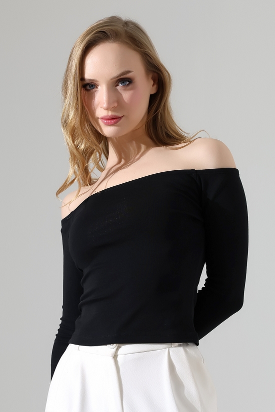 22141 KADIN KAYIK YAKA FULL LYC RİB UZUN KOL REGLAN VE OMUZ DÜŞÜMLÜ TSHIRT 