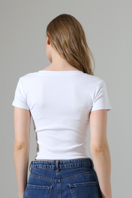 22109 KADIN FULL LYC RİB. KISA KOL GENİŞ BİYELİ GENİŞ V YAKA TSHIRT