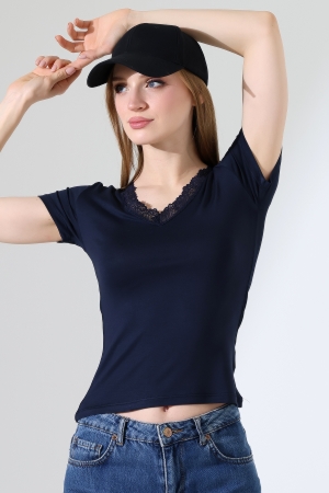 22268 KADIN V YAKASI DANTELLİ FULL LYC VORTVİSK KISA KOL BLUZ 