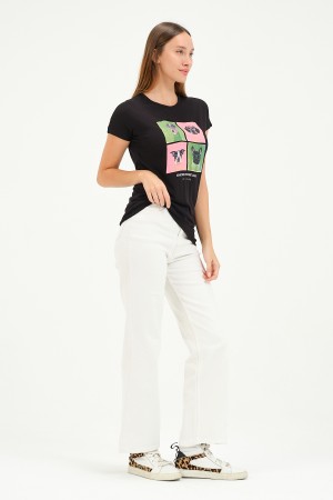 20601 GÖZLÜKLÜ 4 KÖPEK BASK. KADIN KISA KOLU BEDENDE VSK TSHIRT