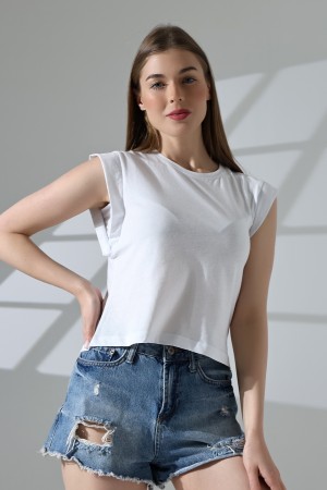 21572  BAYAN KOLSUZ GENİŞ KOL EVİ İÇ KAPAKLI ARKA ETEĞİ OVAL PAMUKLU TSHIRT