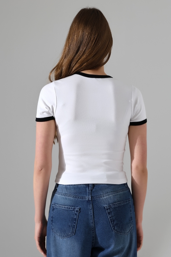 21832 KADIN FULL LYC PENYE KOMPAKT RİB.YAKA VE KOLAĞZI GARNİLİ BİSİKLET YAKA TSHIRT