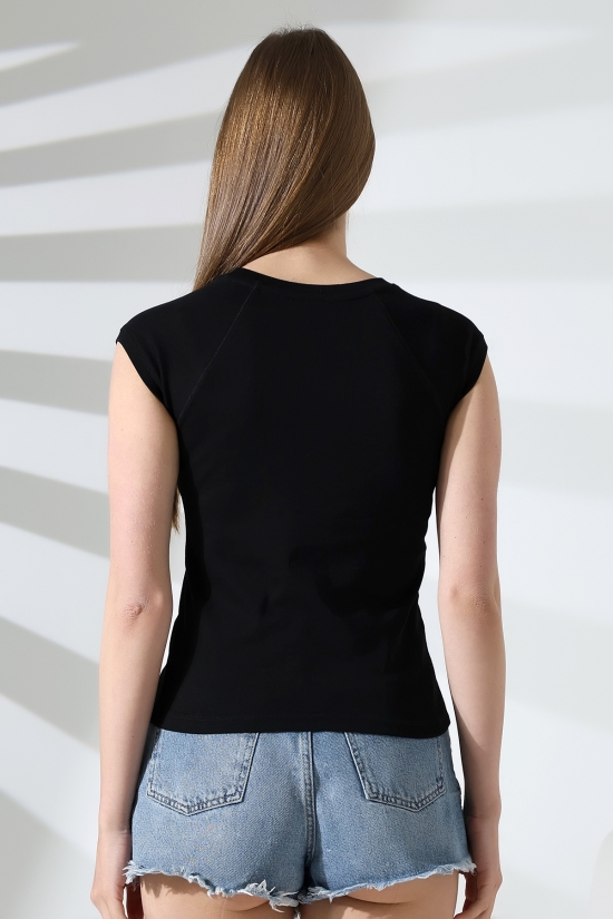 21890 KADIN  RİB.YAKA VE KOLAĞZI BİYELİ REGLAN KOL KARYOKALI BİSİKLET YAKA TSHIRT