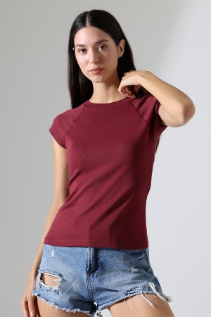 21890 KADIN  RİB.YAKA VE KOLAĞZI BİYELİ REGLAN KOL KARYOKALI BİSİKLET YAKA TSHIRT