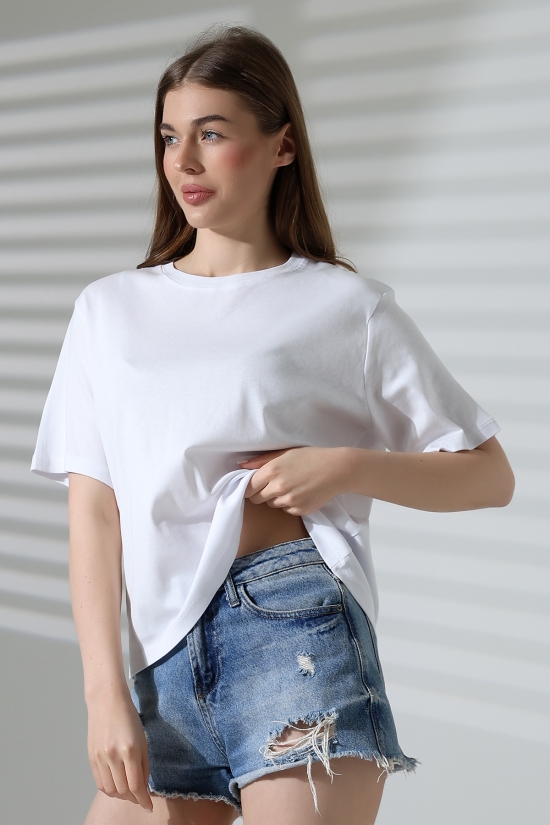 21964 KADIN PENYE COMP LİKRASIZ RİB PAMUKLU KISA KOL  BİSİKLET YAKA TSHIRT