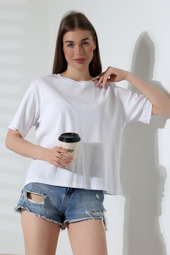 21964 KADIN PENYE COMP LİKRASIZ RİB PAMUKLU KISA KOL  BİSİKLET YAKA TSHIRT