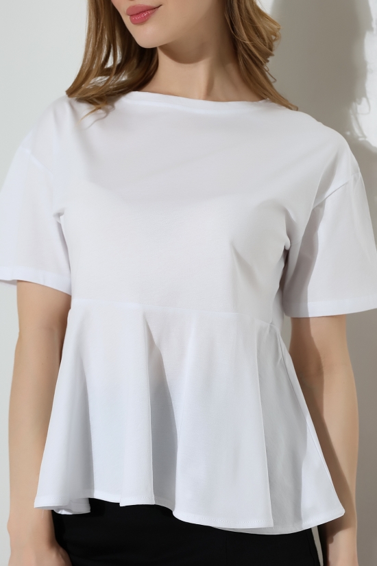 22173 KADIN BİSİKLET YAKA KISA KOL ÖN VE ARKA BEDEN PARÇALI ALTI VOLANLI PAMUKLU BLUZ 