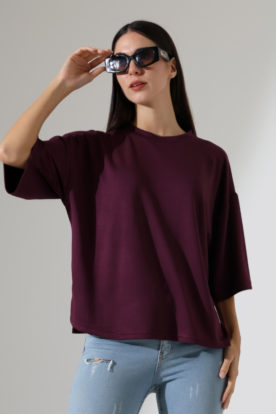 22286 KADIN YARIM KOL OVERSİZE YANLARI YIRTMAÇLI BİSİKLET YAKA DOUBLEFACE YUMUŞAK DOKU TSHIRT 