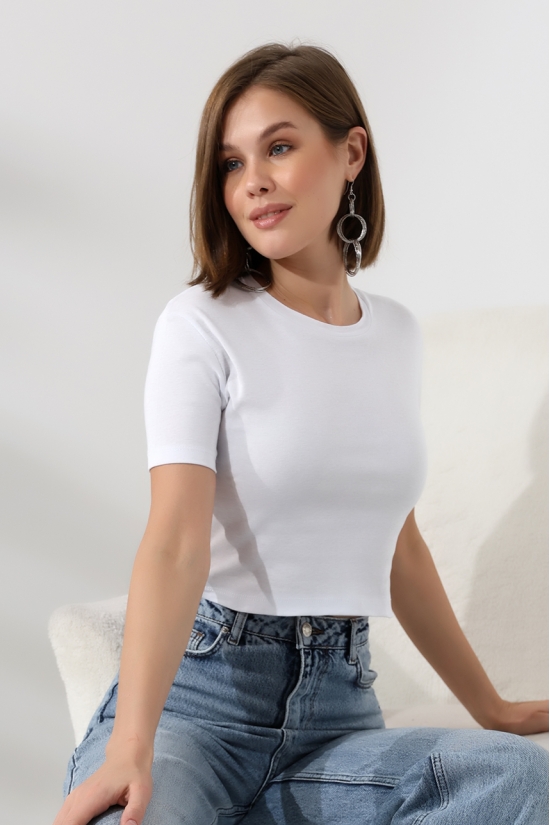 21560 KADIN PENYE COMP LİKRASIZ RİB PAMUKLU BİSİKLET YAKA CROP TSHIRT