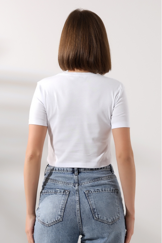 21560 KADIN PENYE COMP LİKRASIZ RİB PAMUKLU BİSİKLET YAKA CROP TSHIRT