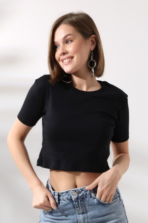 21560 KADIN PENYE COMP LİKRASIZ RİB PAMUKLU BİSİKLET YAKA CROP TSHIRT