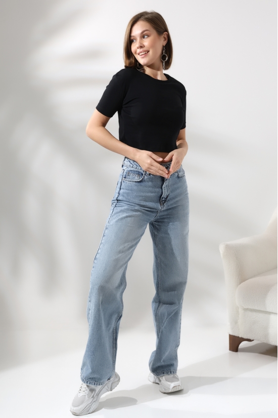 21560 KADIN PENYE COMP LİKRASIZ RİB PAMUKLU BİSİKLET YAKA CROP TSHIRT