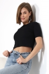 21560 KADIN PENYE COMP LİKRASIZ RİB PAMUKLU BİSİKLET YAKA CROP TSHIRT