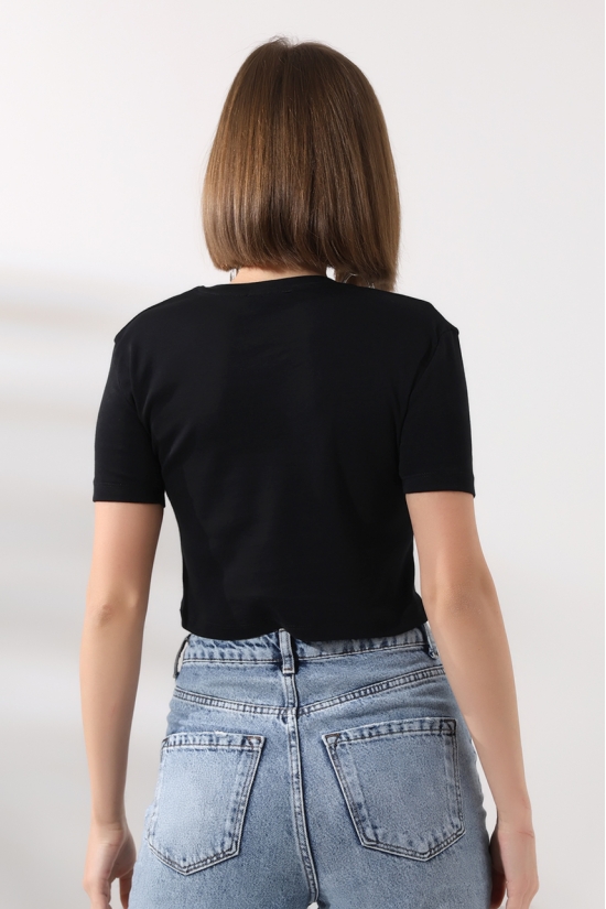 21560 KADIN PENYE COMP LİKRASIZ RİB PAMUKLU BİSİKLET YAKA CROP TSHIRT