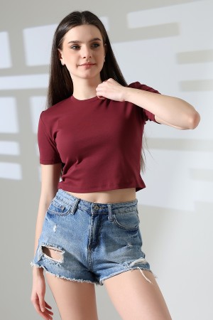 21560 KADIN PENYE COMP LİKRASIZ RİB PAMUKLU BİSİKLET YAKA CROP TSHIRT