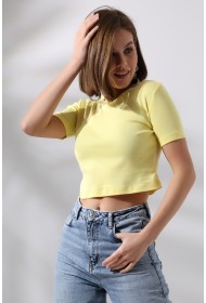 21560 KADIN PENYE COMP LİKRASIZ RİB PAMUKLU BİSİKLET YAKA CROP TSHIRT