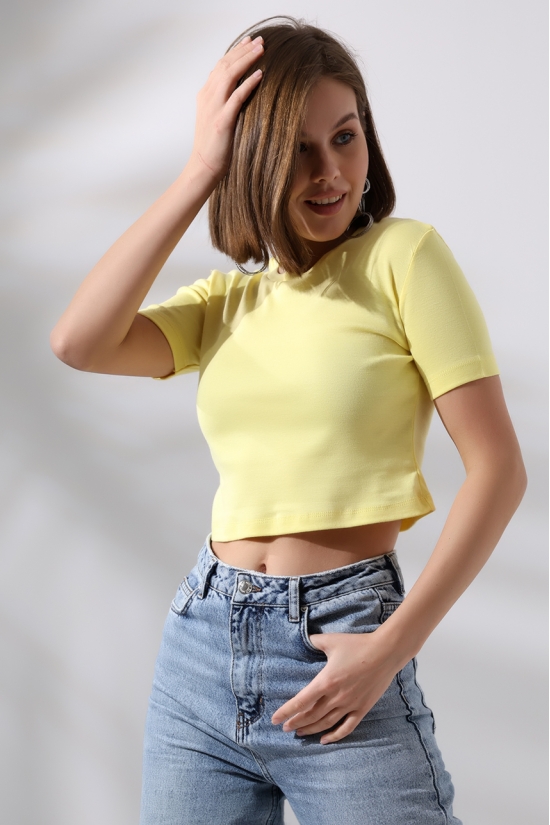 21560 KADIN PENYE COMP LİKRASIZ RİB PAMUKLU BİSİKLET YAKA CROP TSHIRT