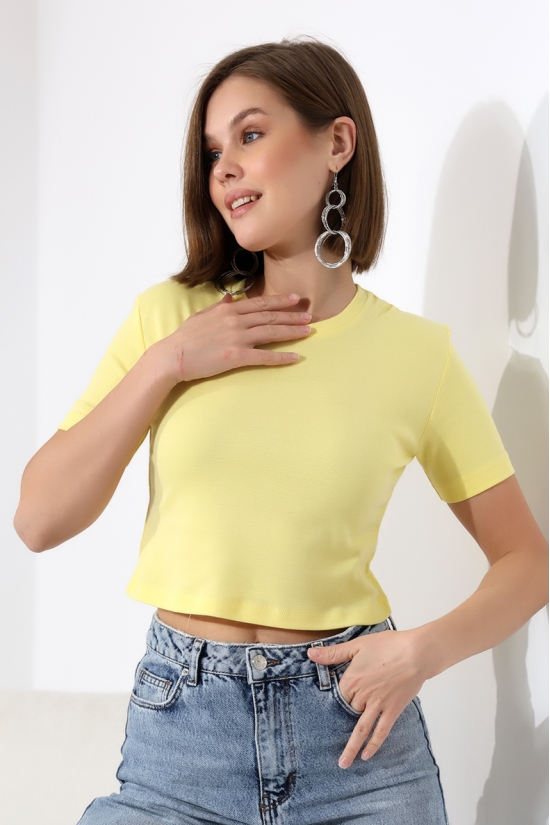 21560 KADIN PENYE COMP LİKRASIZ RİB PAMUKLU BİSİKLET YAKA CROP TSHIRT