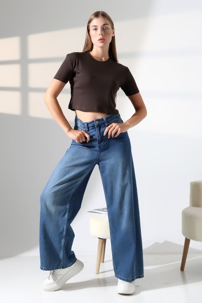 21560 KADIN PENYE COMP LİKRASIZ RİB PAMUKLU BİSİKLET YAKA CROP TSHIRT