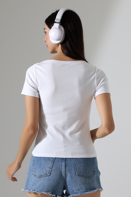 21996 KADIN KAYIK YAKA FULL LYC KOMPAKT PENYE KISA KOL TSHIRT 