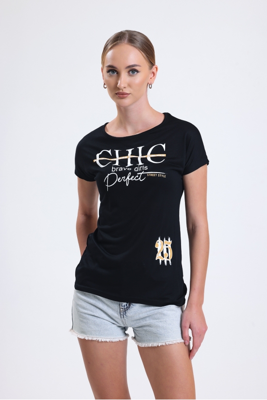 19609 CHİC BASK.BAYAN KISA KOLU BEDENDE SALAŞ VSK TSHIRT 