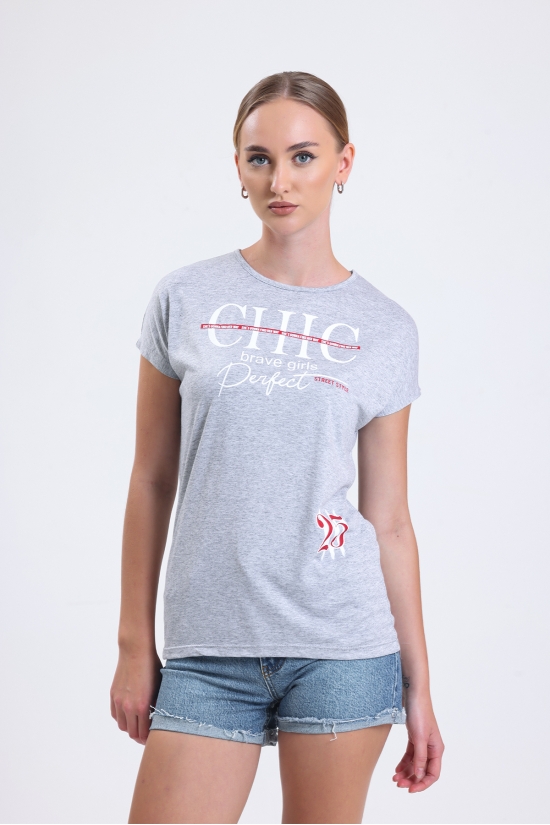 19609 CHİC BASK.BAYAN KISA KOLU BEDENDE SALAŞ VSK TSHIRT 