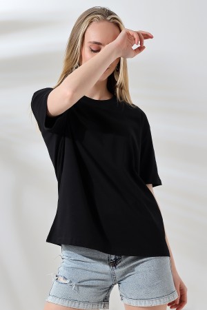 21667 KADIN KALIN FAYN PENYE KOMPAKT YAKA KAŞGORSELİ KISA KOL GENİŞ SALAŞ  TSHIRT