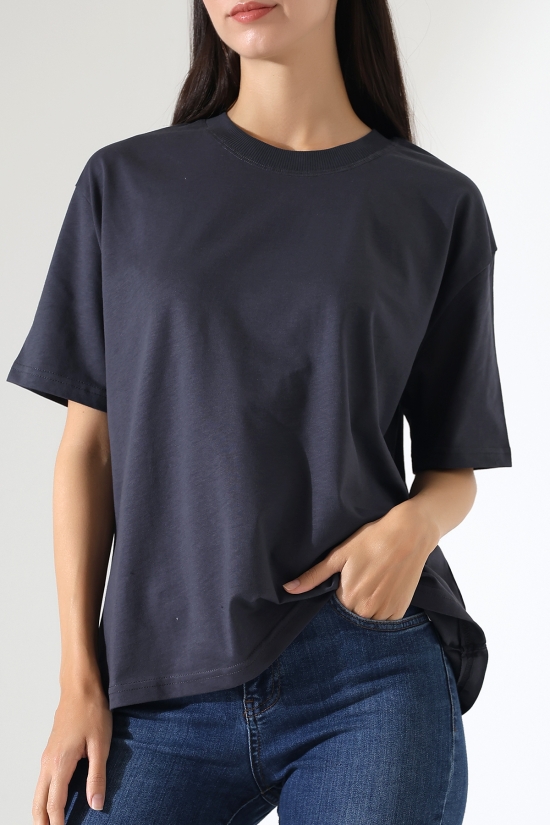 21667 KADIN KALIN FAYN PENYE KOMPAKT YAKA KAŞGORSELİ KISA KOL GENİŞ SALAŞ  TSHIRT