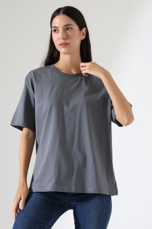 21667 KADIN KALIN FAYN PENYE KOMPAKT YAKA KAŞGORSELİ KISA KOL GENİŞ SALAŞ  TSHIRT